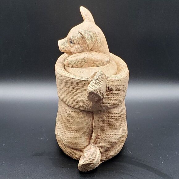Vintage Hand Painted 9.25" Ceramic Piggy in a Burlap Sack Feed Bag Cookie Jar - Picture 15 of 16